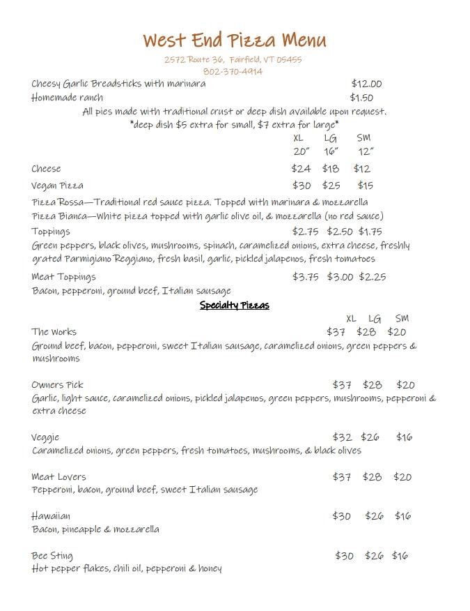 West End Pizza Menu image 1